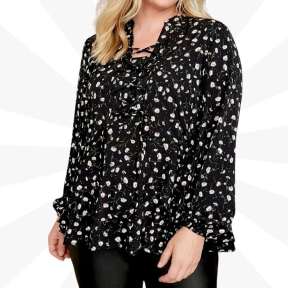 Lane Bryant Black Blouse Size 4XL Long Sleeve Lace Up Ruffle Floral Tunic